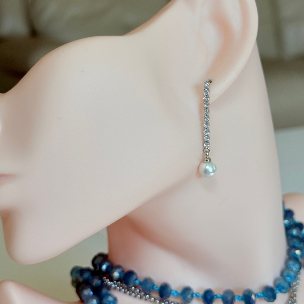 Elegant Silver Crystal Drop Earrings with Pearl Accent